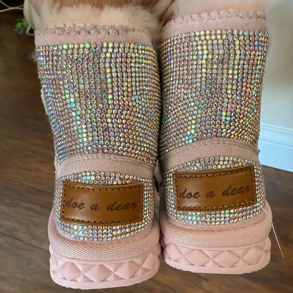 Doe A Dear Sparkly Holographic Pink Toddler Rhinestone Boots-Size 7 NWOT